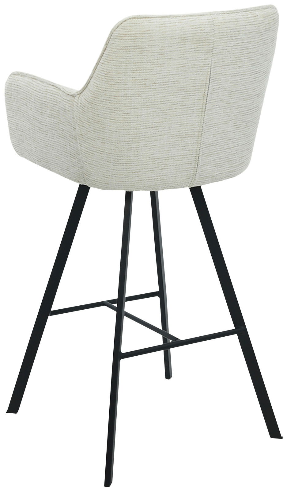 Rückansicht eines modernen Barhockers mit hellgrauem Stoffbezug und schwarzen Metallbeinen.