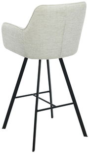 Rückansicht eines modernen Barhockers mit hellgrauem Stoffbezug und schwarzen Metallbeinen.
