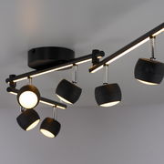 Moderne Deckenleuchte mit mehreren verstellbaren Strahlern in schwarzem Design, seitliche Perspektive.
