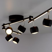 Moderne plafondlamp met meerdere verstelbare spotjes in een zwart ontwerp, gezien vanaf de zijkant.