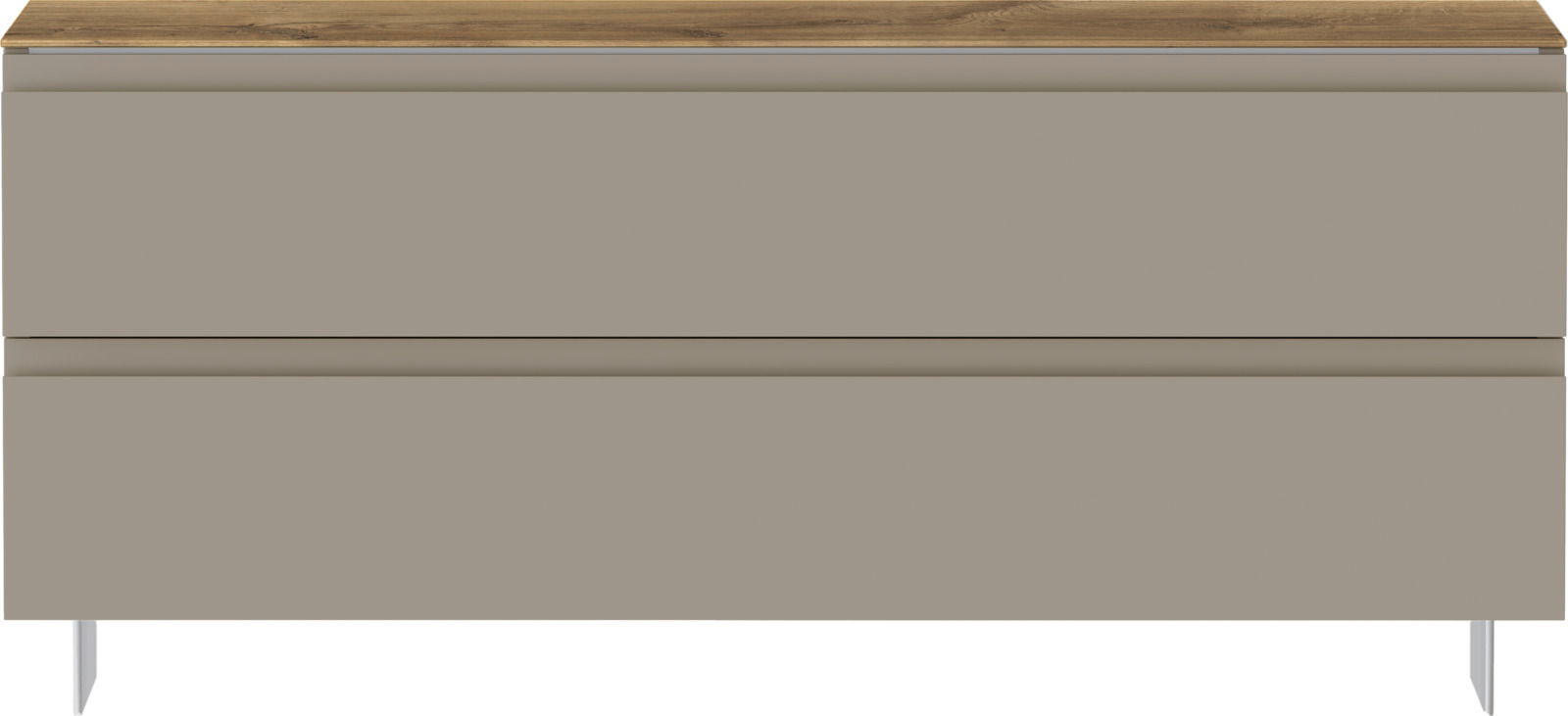 Frontansicht einer modernen Garderobenbank mit zwei Schubladen in neutralem Beige und einer Holzoberfläche.