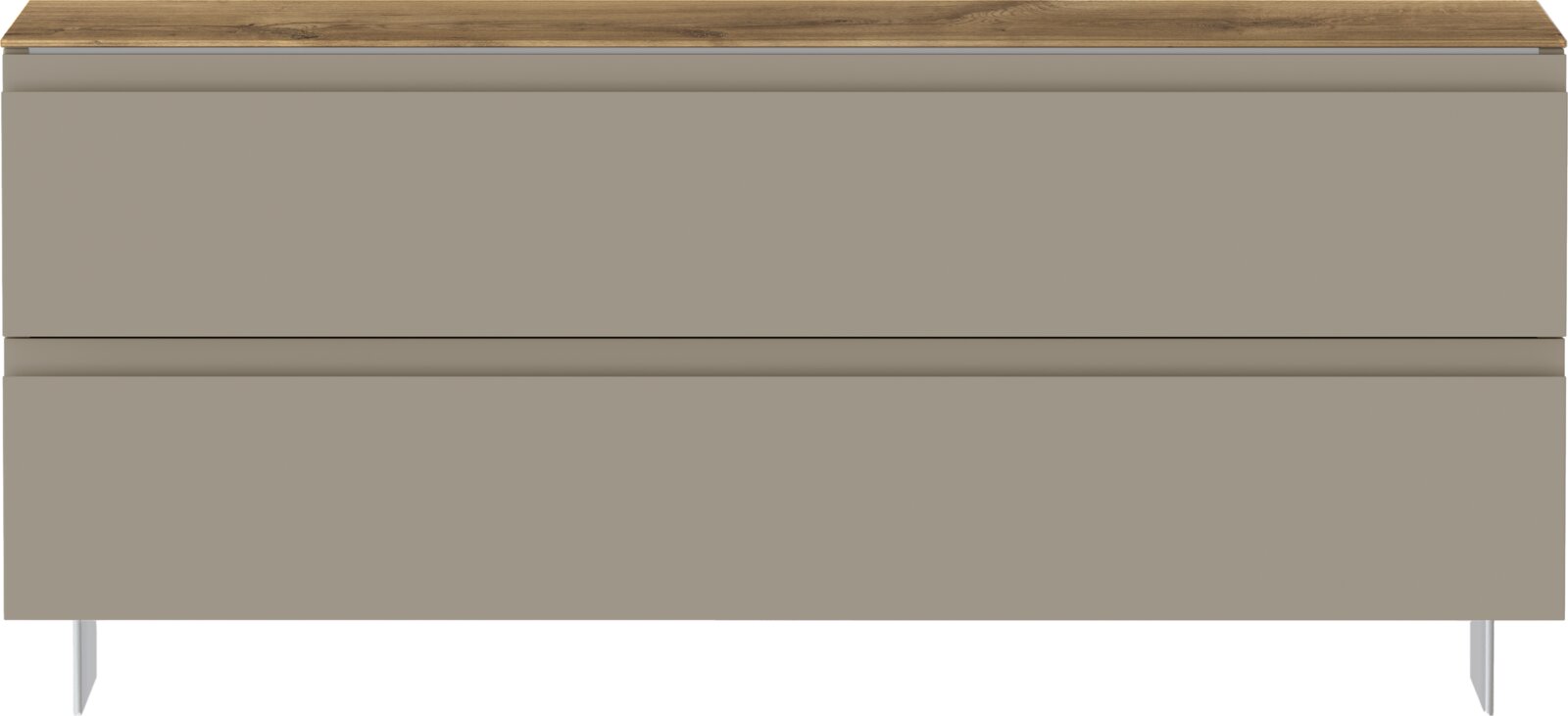 Moderano Garderobenbank LECCO Frontansicht einer modernen Garderobenbank mit zwei Schubladen in neutralem Beige und einer Holzoberfläche.