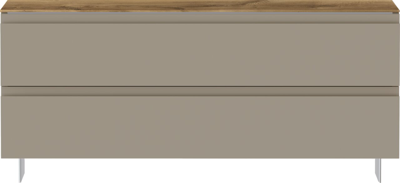 Moderano Garderobenbank LECCO Frontansicht einer modernen Garderobenbank mit zwei Schubladen in neutralem Beige und einer Holzoberfläche.