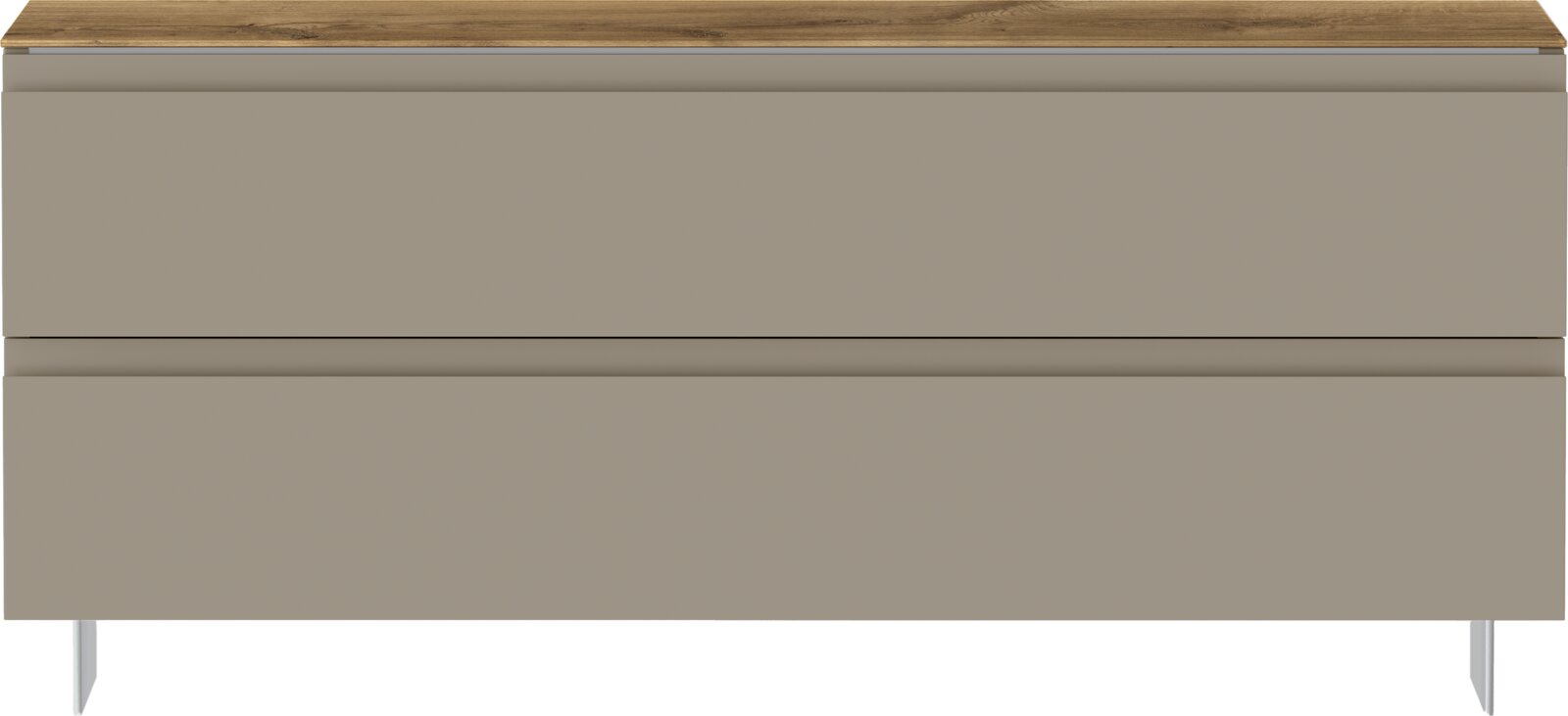 Vooraanzicht van een moderne kapstokbank met twee lades in neutraal beige en een houten afwerking.
