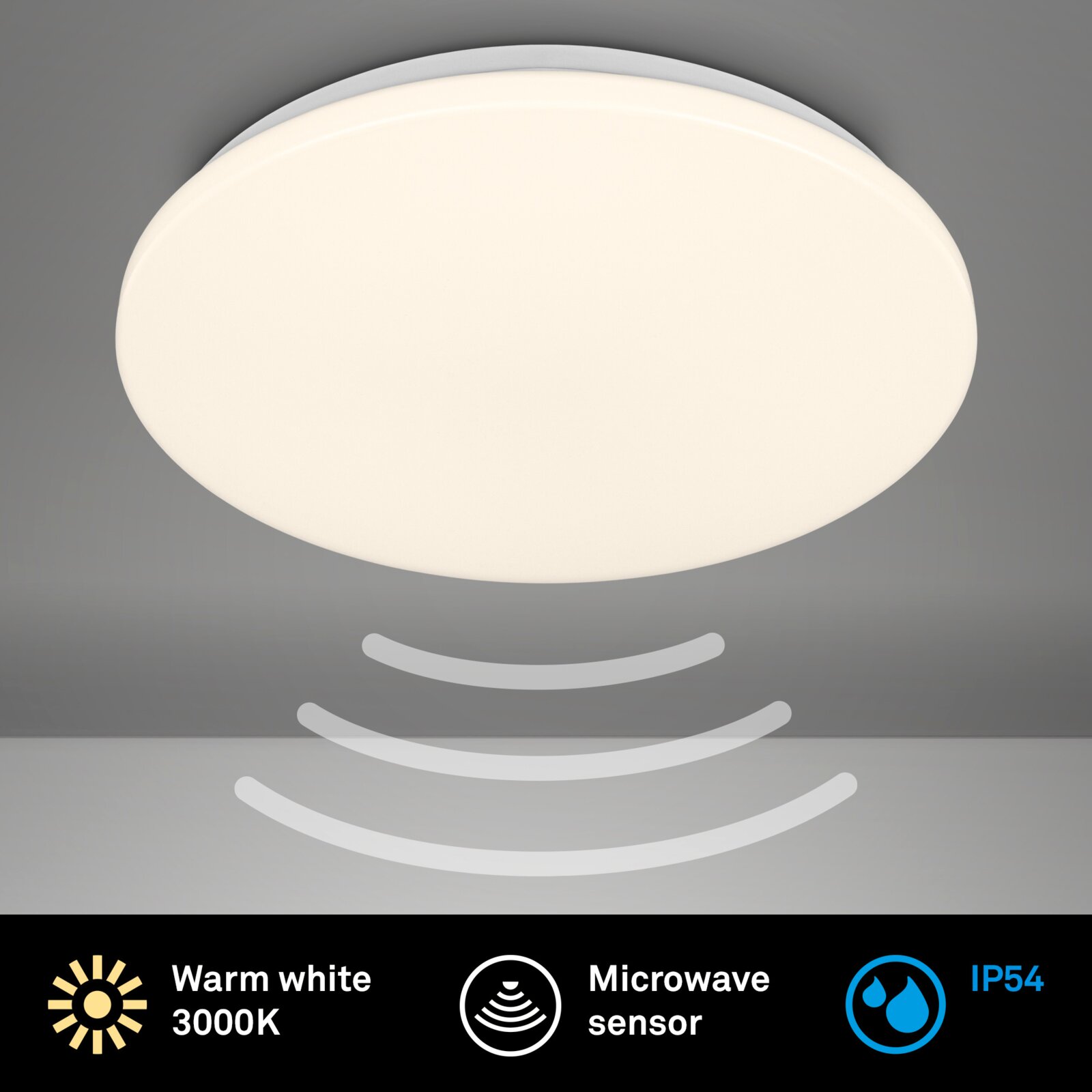 Ronde LED-plafondlamp met warmwit licht (3000K), ingebouwde microgolfsensor en IP54 spatwaterdicht, getoond in vooraanzicht van onderaf
