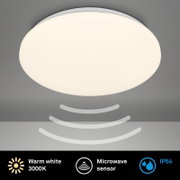 Ronde LED-plafondlamp met warmwit licht (3000K), ingebouwde microgolfsensor en IP54 spatwaterdicht, getoond in vooraanzicht van onderaf