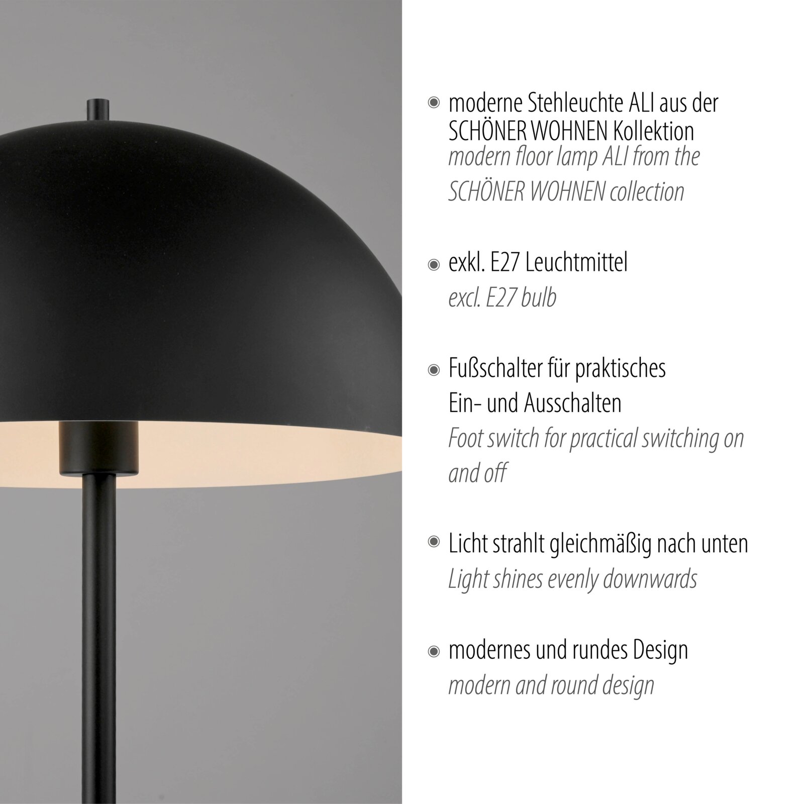 Moderne schwarze Stehleuchte „ALI“ aus der SCHÖNER WOHNEN Kollektion mit rundem Schirm und nach unten gerichteter Lichtabgabe, Detailansicht schräg von vorne links.