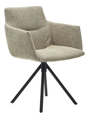 Moderner Sessel mit beigem Stoffbezug und schwarzen Metallbeinen, seitliche Perspektive