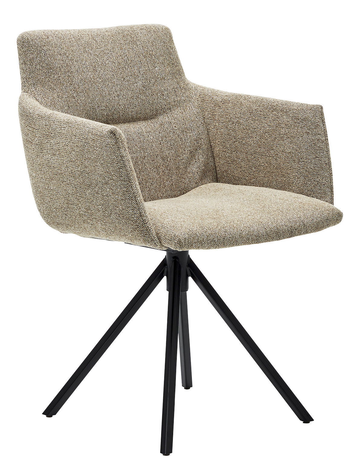 Moderner Sessel mit beigem Stoffbezug und schwarzen Metallbeinen, seitliche Perspektive