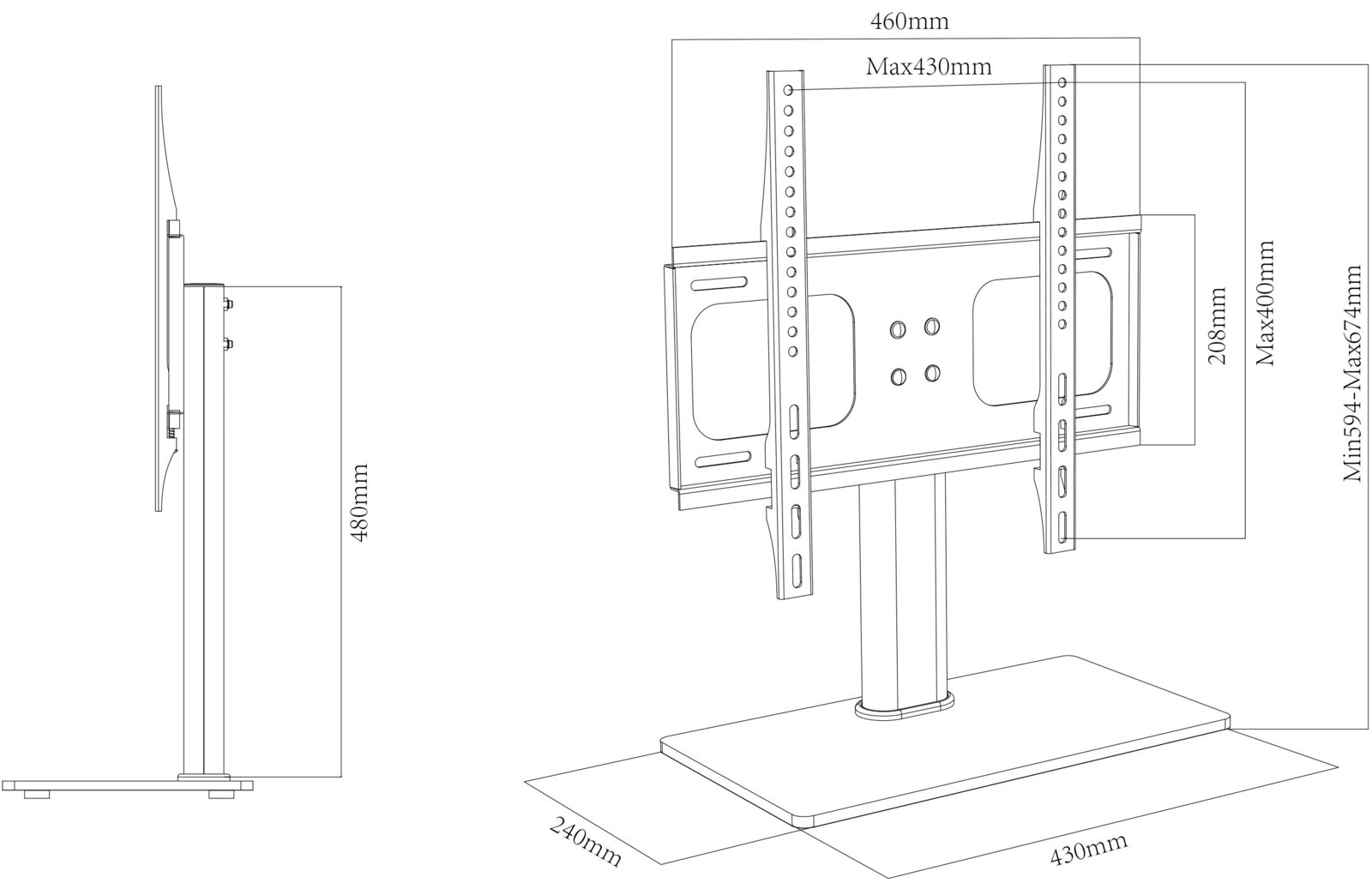 Technische Strichzeichnung einer TV-/Monitor-Tischhalterung mit Standfuß und VESA-Montageplatte, dargestellt in Front- und Seitenansicht mit Maßangaben (u. a. 460 mm Breite, 480 mm Höhe, Fuß 430 x 240 mm) – Perspektive: Front- und Seitenansicht.