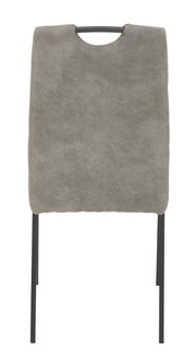 Rückansicht eines grauen Stuhls mit schwarzem Metallgestell und Griff an der Rückenlehne.