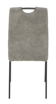 Rückansicht eines grauen Stuhls mit schwarzem Metallgestell und Griff an der Rückenlehne.