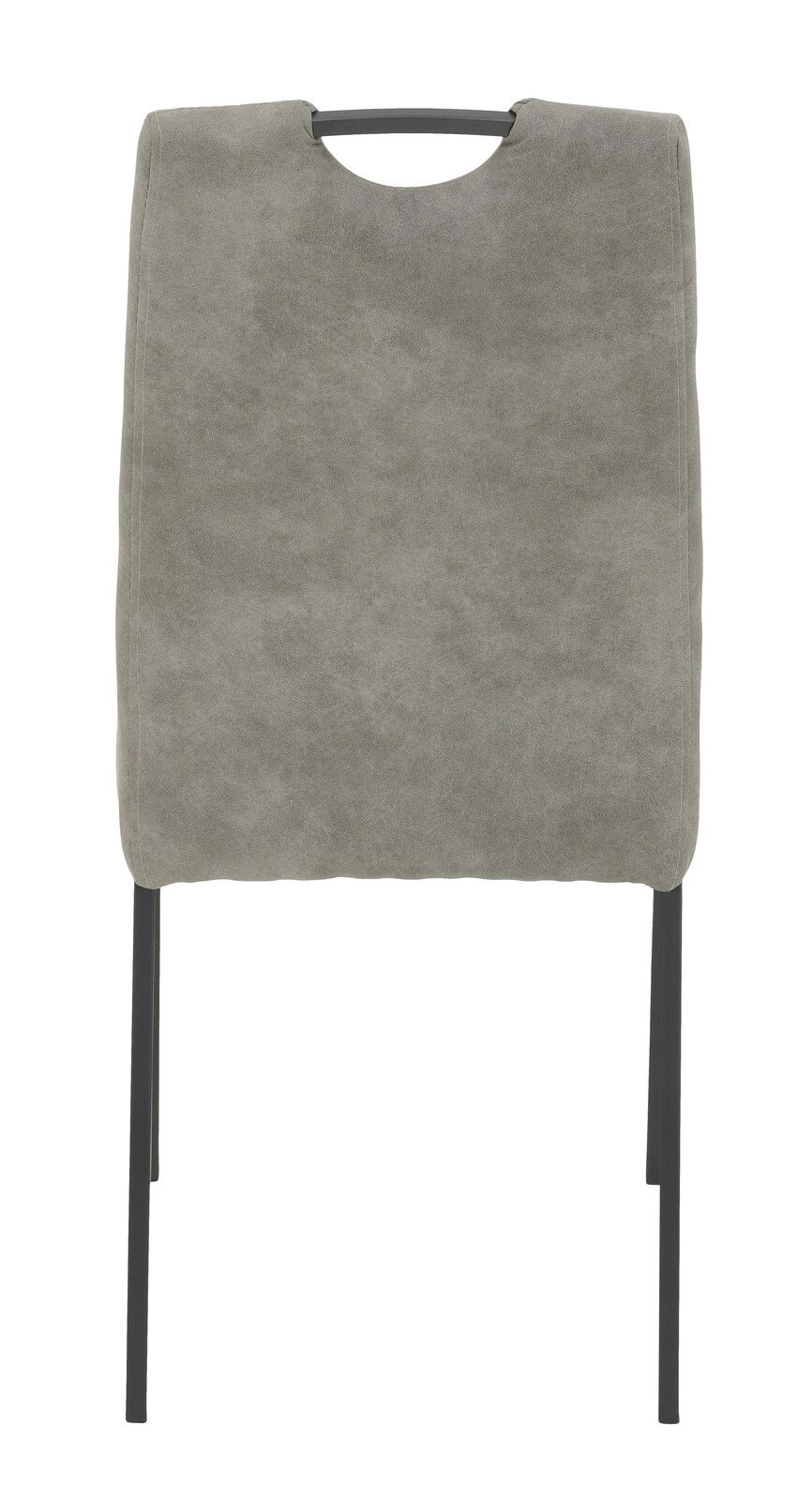 Rückansicht eines grauen Stuhls mit schwarzem Metallgestell und Griff an der Rückenlehne.