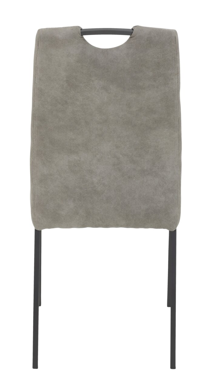 Achterkant van een grijze stoel met een zwart metalen frame en een handgreep aan de rugleuning.