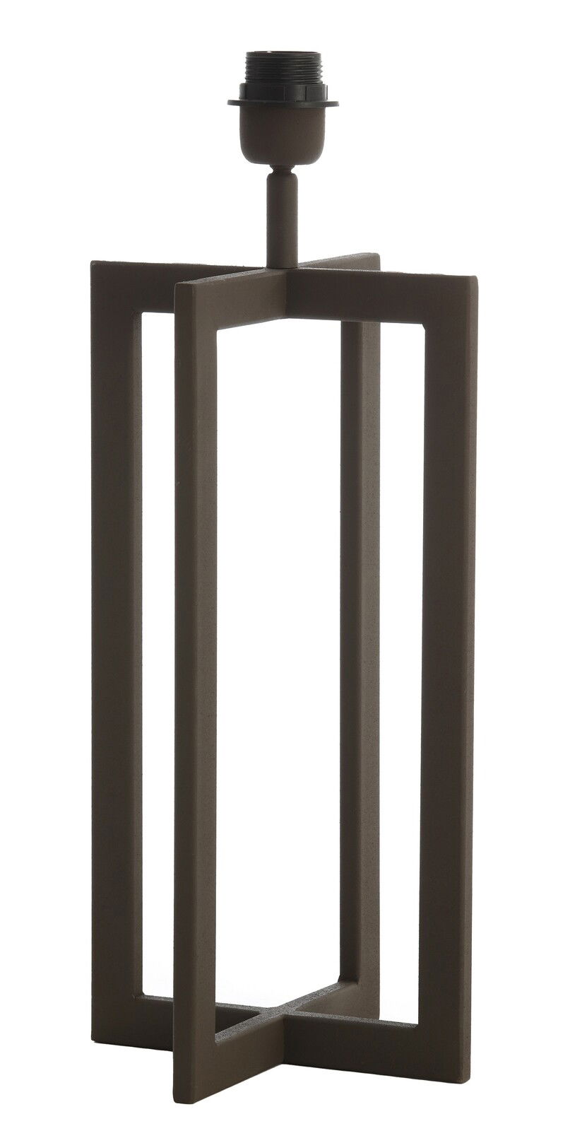 Moderner Lampenfuß in geometrischem Design aus braunem Metall, seitliche Perspektive.