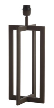Moderne lampvoet met een geometrisch ontwerp van bruin metaal, gezien vanaf de zijkant.