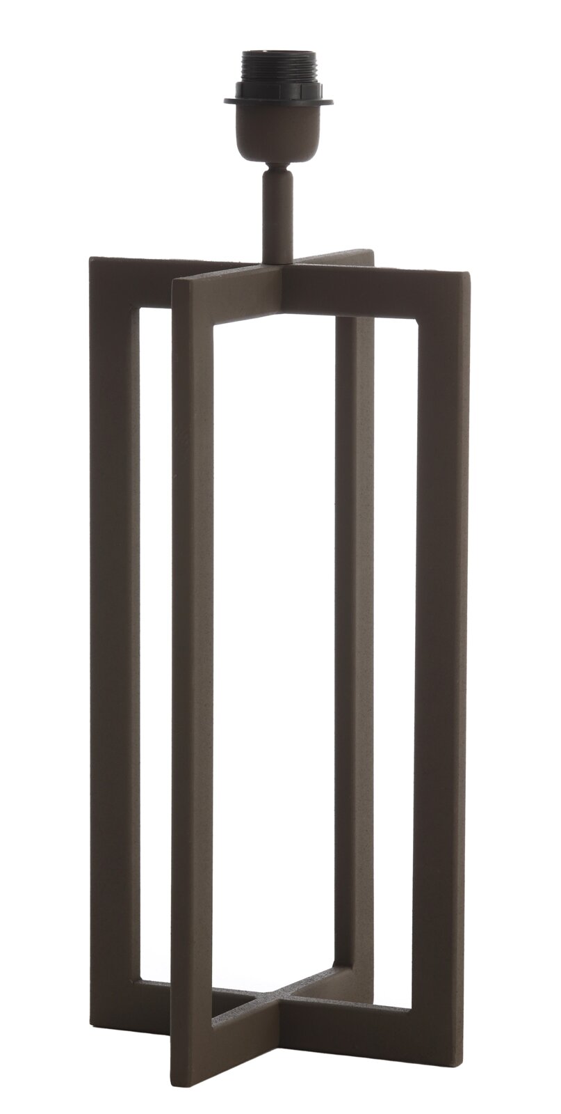 Moderner Lampenfuß in geometrischem Design aus braunem Metall, seitliche Perspektive.