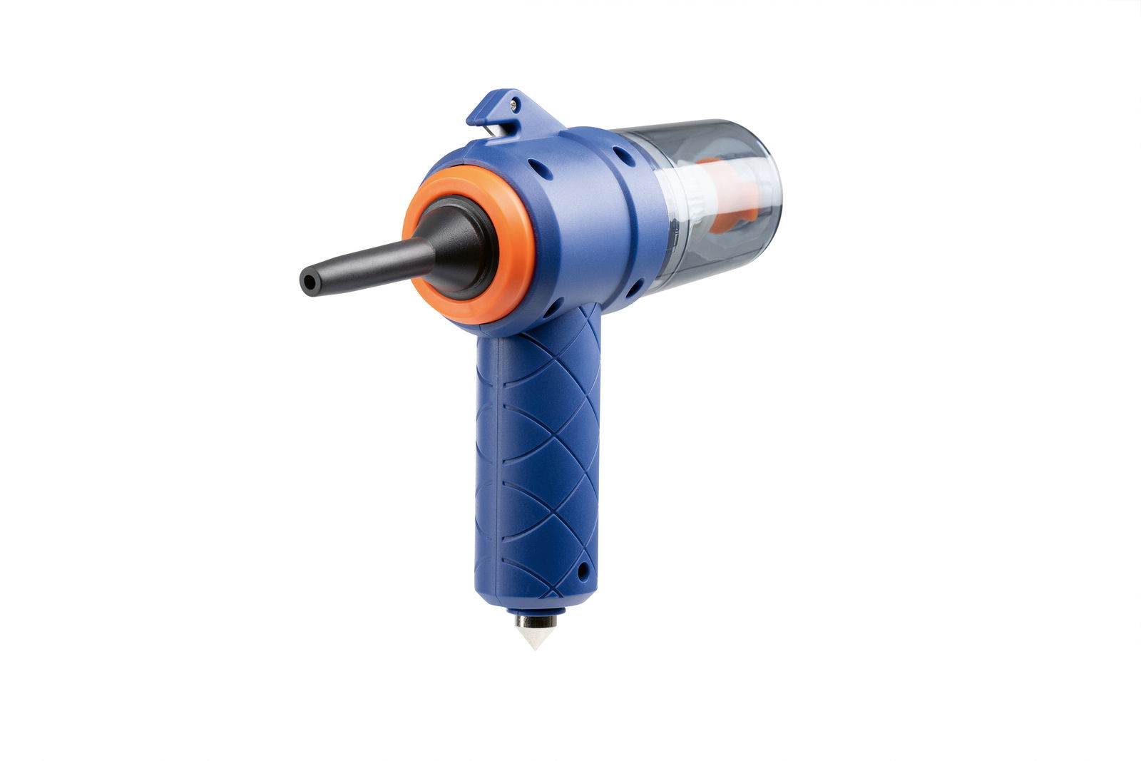 Blauer Handstaubsauger mit orangefarbenen Akzenten, seitliche Perspektive