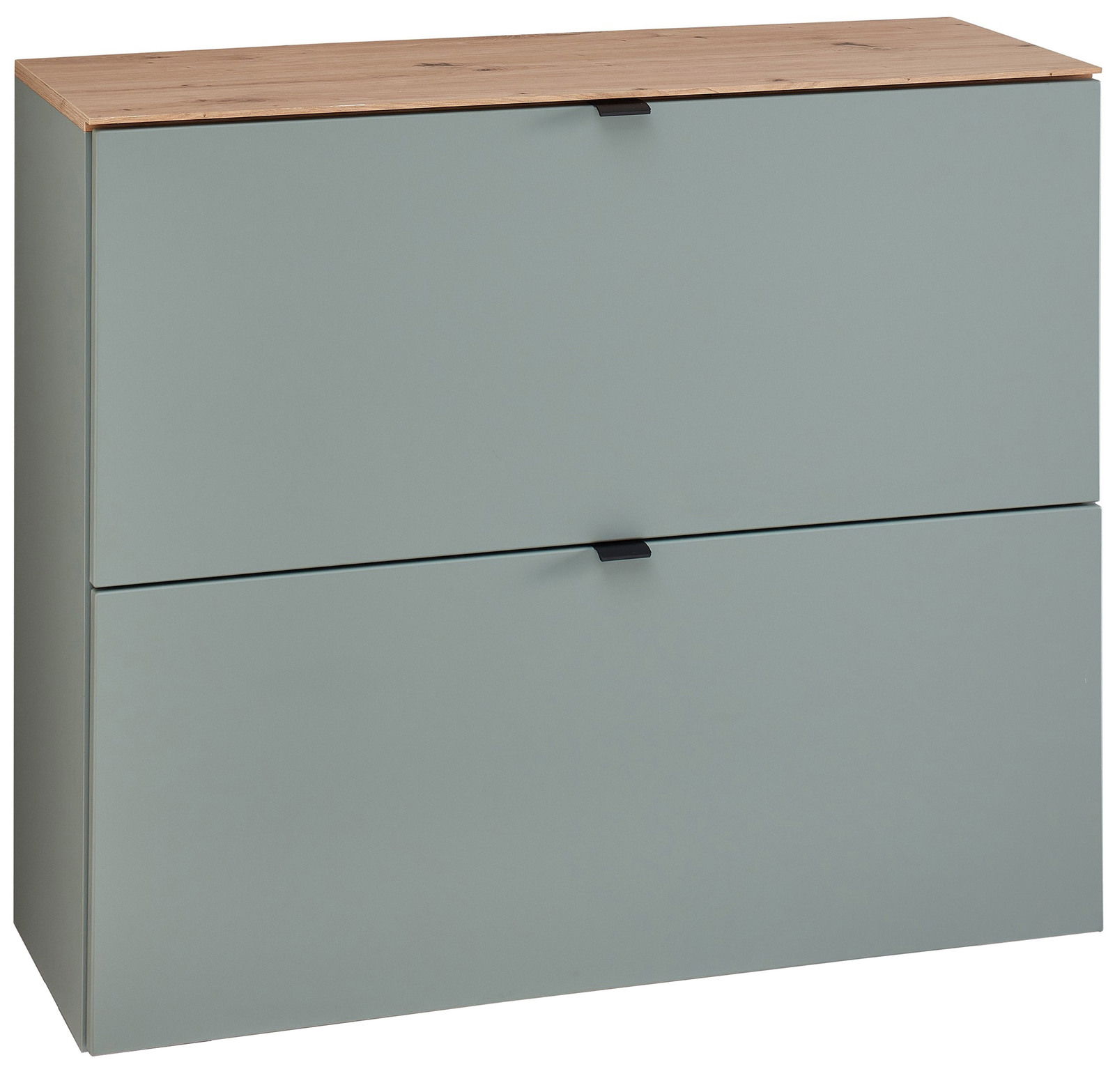 Voleo Hänge-Schuhschrank breit DIANA Moderner Hänge-Schuhschrank DIANA von Voleo in breiter Ausführung, mit zwei Klappen und einer Holzoberfläche, seitliche Perspektive.