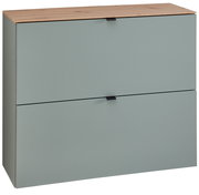 Moderner Hänge-Schuhschrank DIANA von Voleo in breiter Ausführung, mit zwei Klappen und einer Holzoberfläche, seitliche Perspektive.