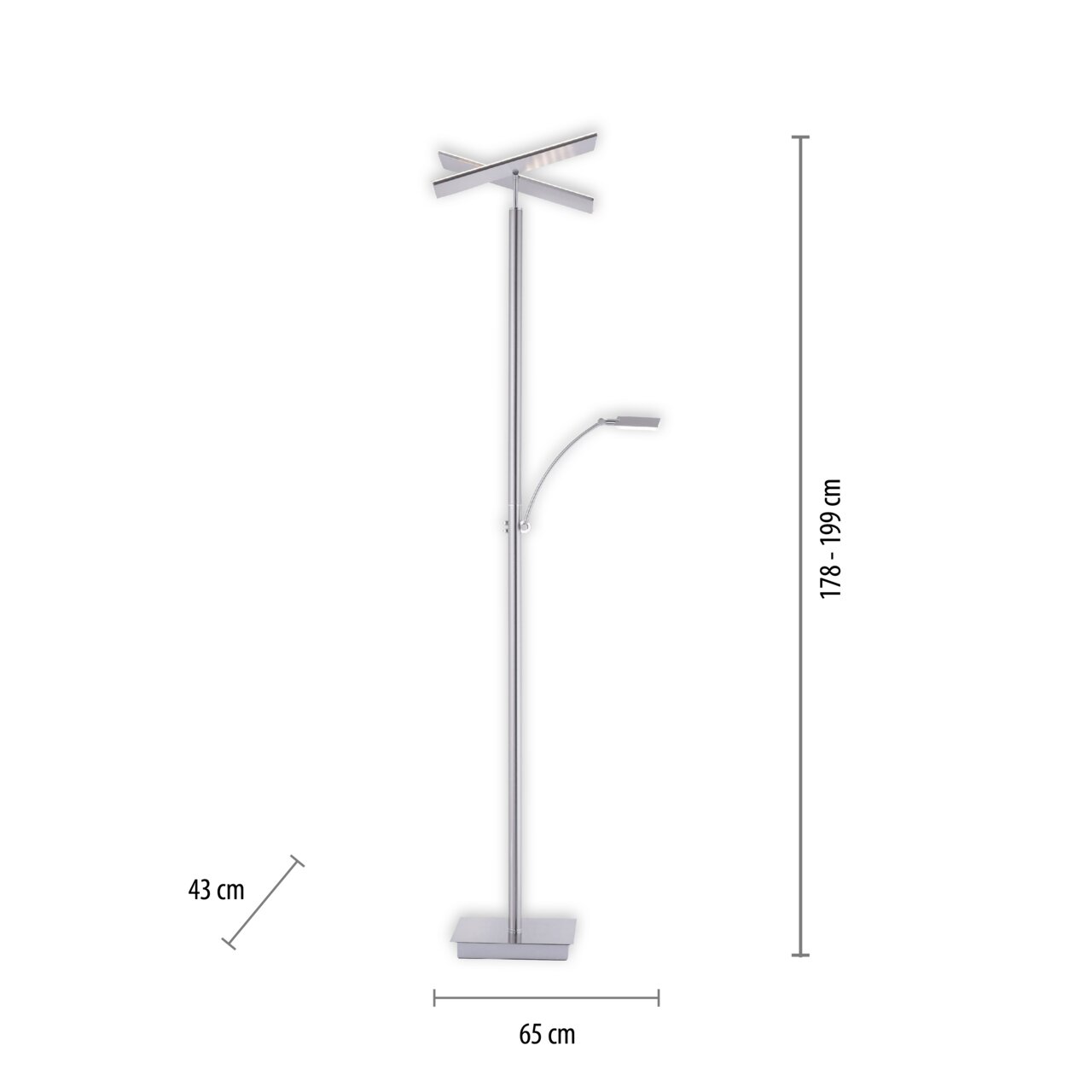 LED-Stehleuchte mit modernem Design, silberfarben, mit verstellbarem Lesearm und Kreuzleuchte, seitliche Perspektive