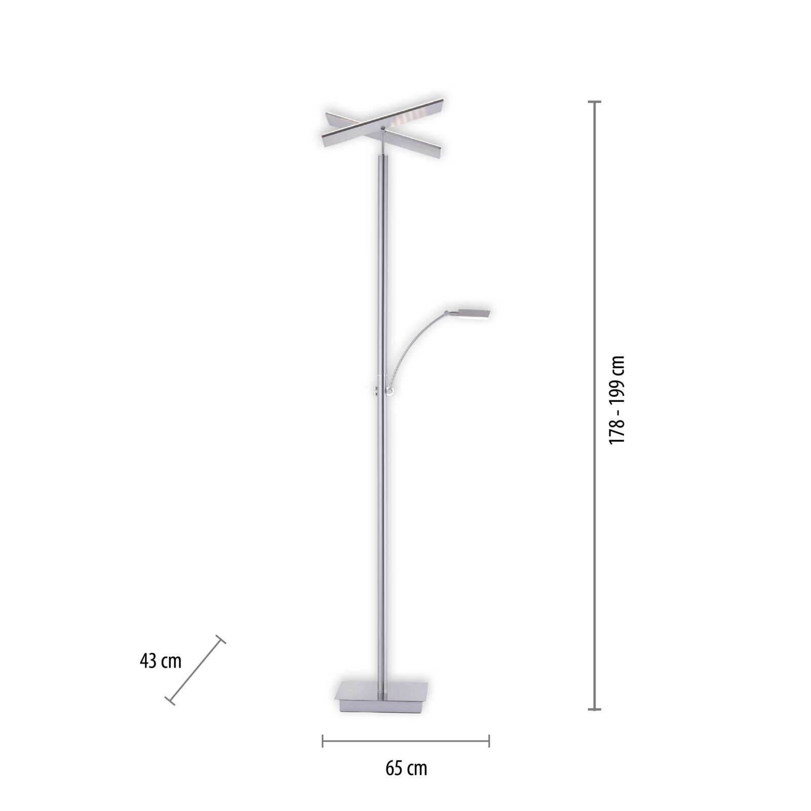 LED-Stehleuchte mit modernem Design, silberfarben, mit verstellbarem Lesearm und Kreuzleuchte, seitliche Perspektive