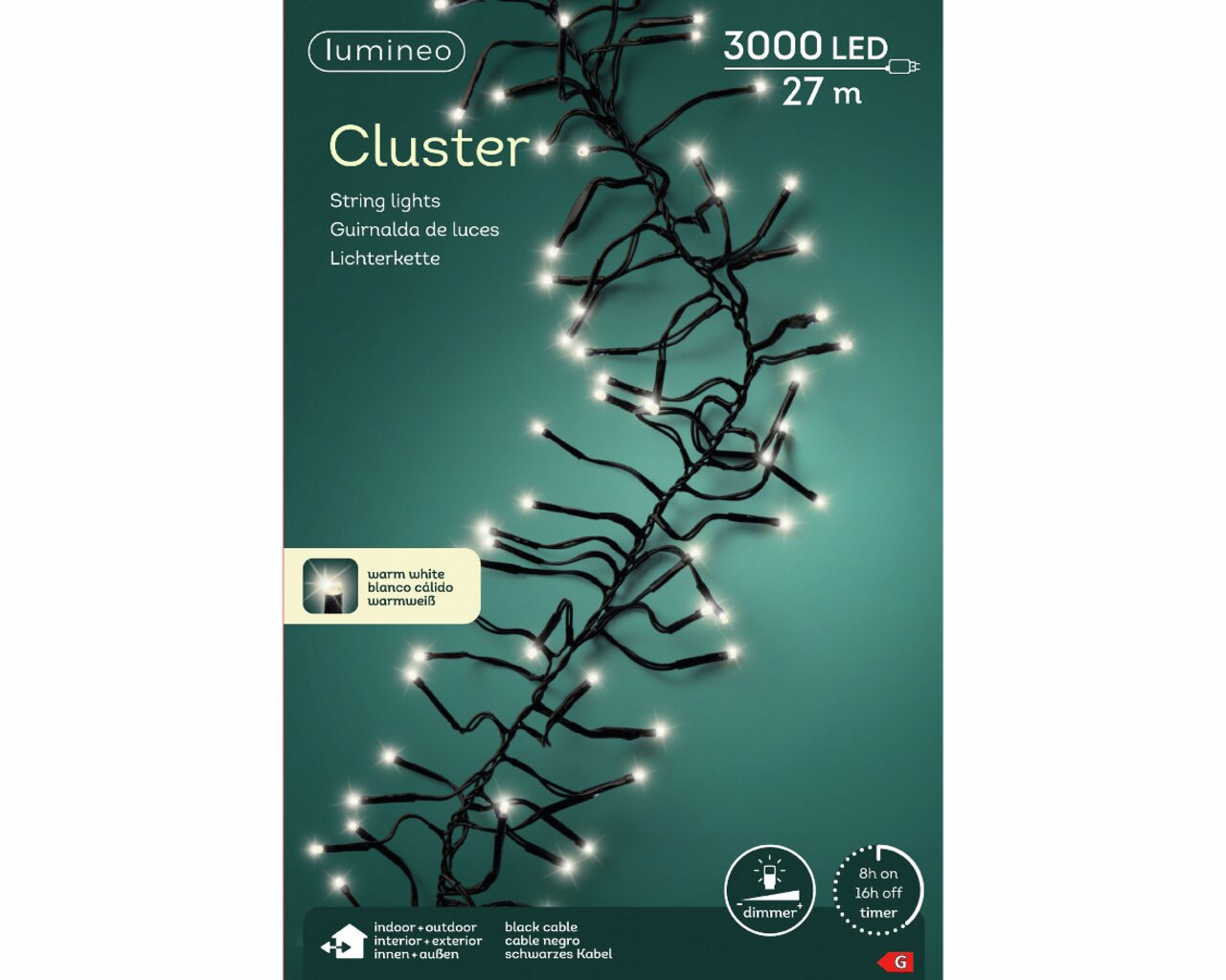 Zurbrüggen LED-Cluster Lichterkette 27m mit 3000 LED`s LED Clusterbeleuchtung mit 3000 warmweißen LEDs auf schwarzem Kabel, geeignet für Innen- und Außenbereich, seitliche Perspektive.