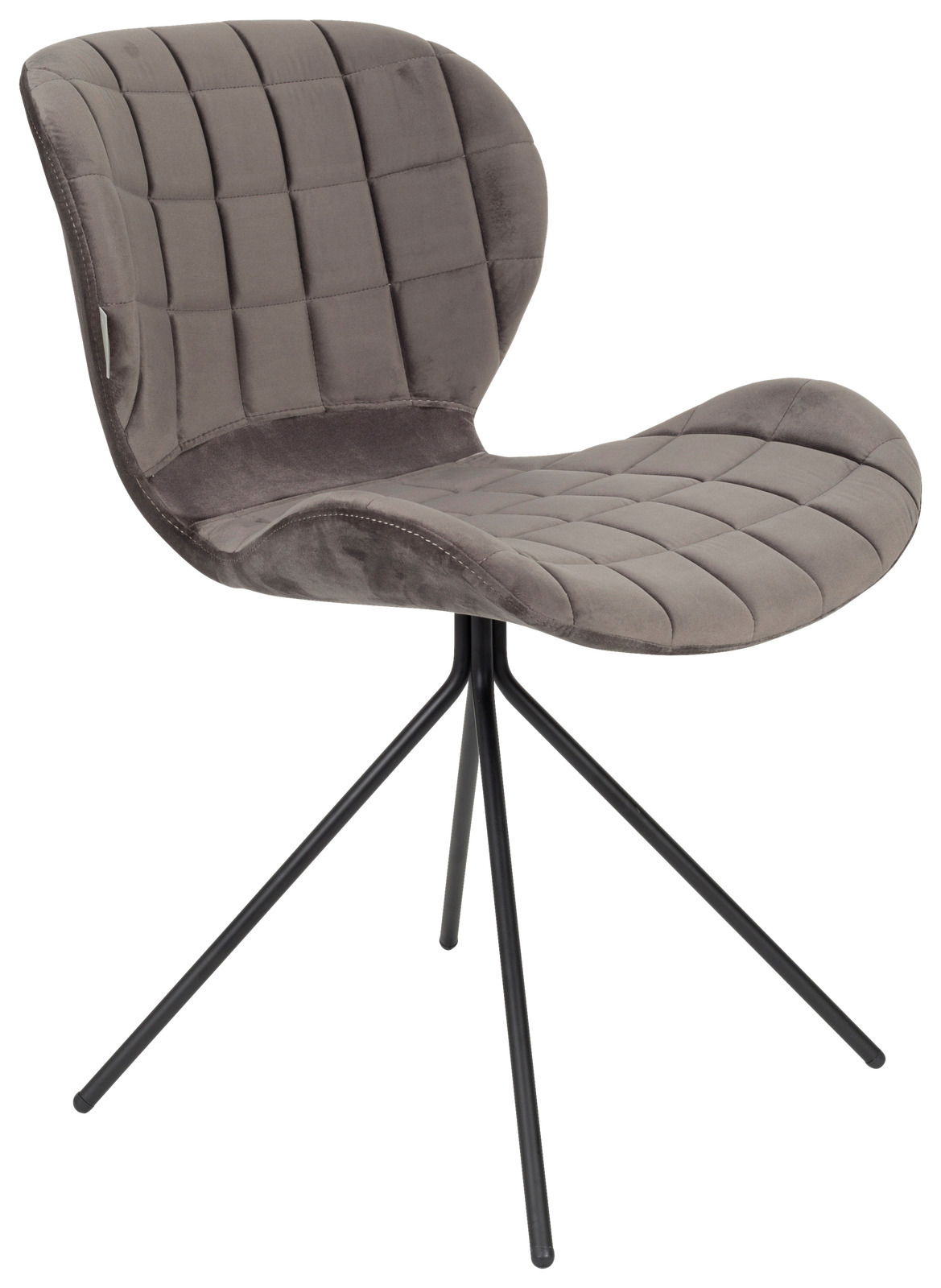 Z2 Stuhl OMG Moderner grauer Stuhl mit gepolsterter Sitzfläche und Rückenlehne, auf schwarzem Metallgestell, seitliche Perspektive