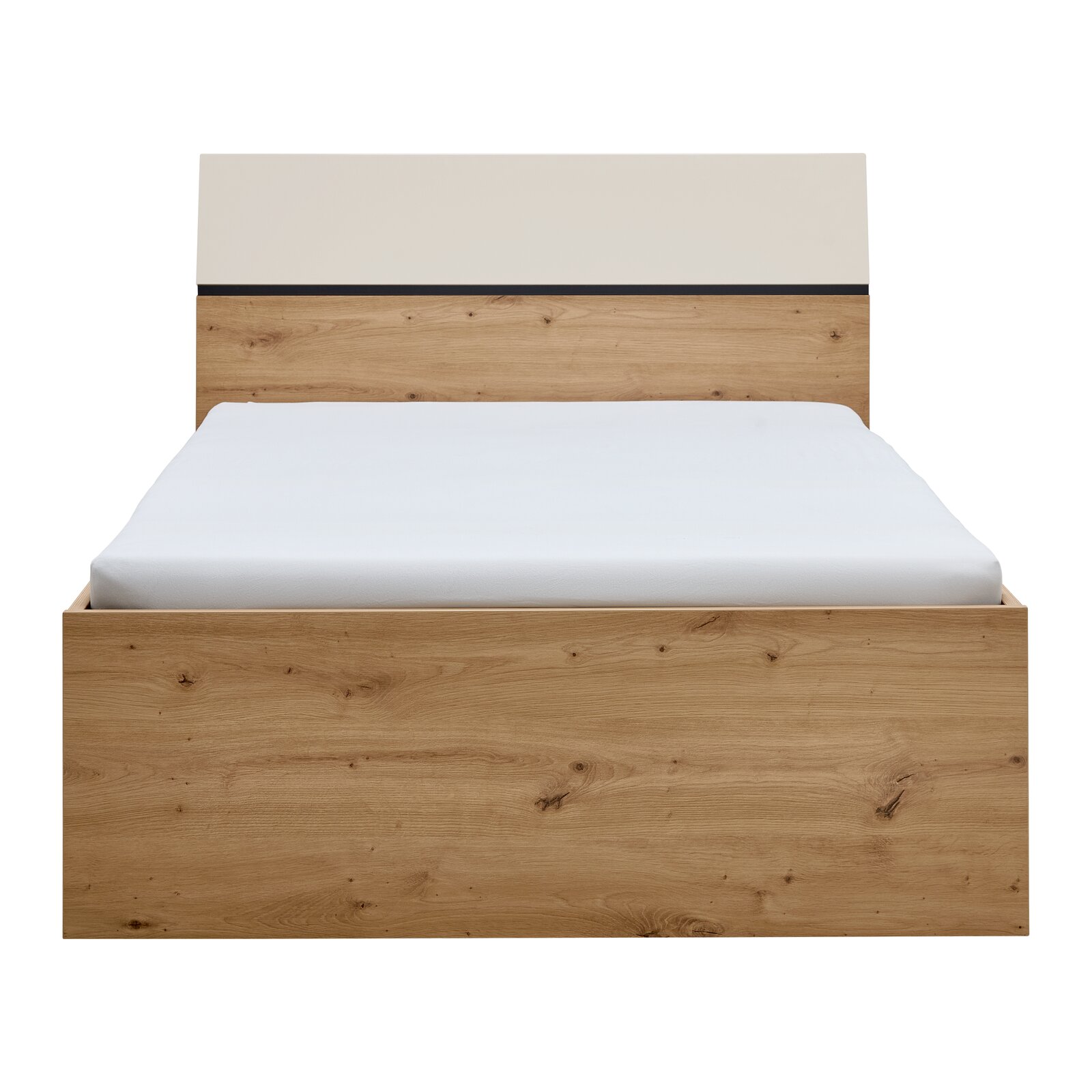 Holzbett mit weißem Kopfteil, Frontalansicht