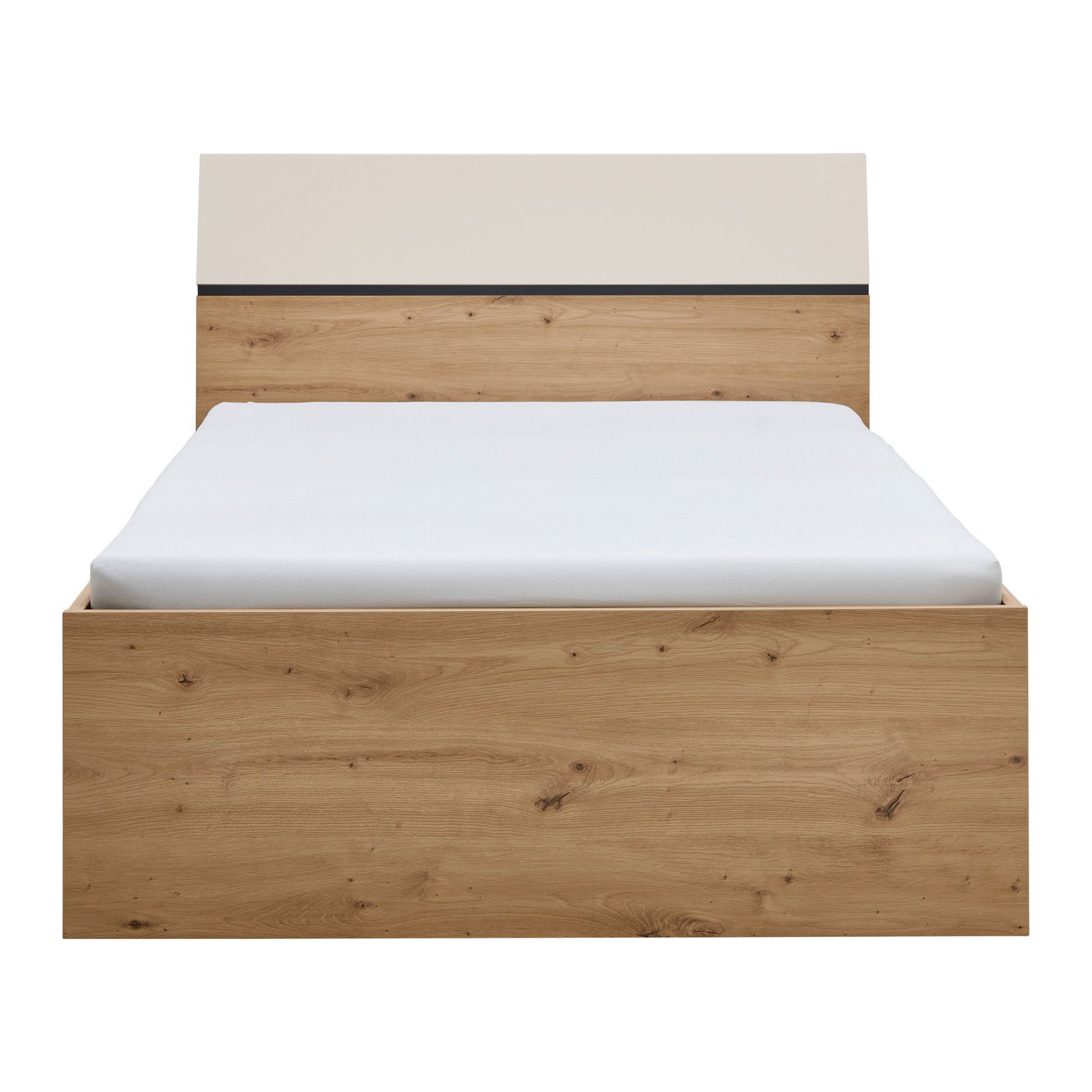 Holzbett mit weißem Kopfteil, Frontalansicht