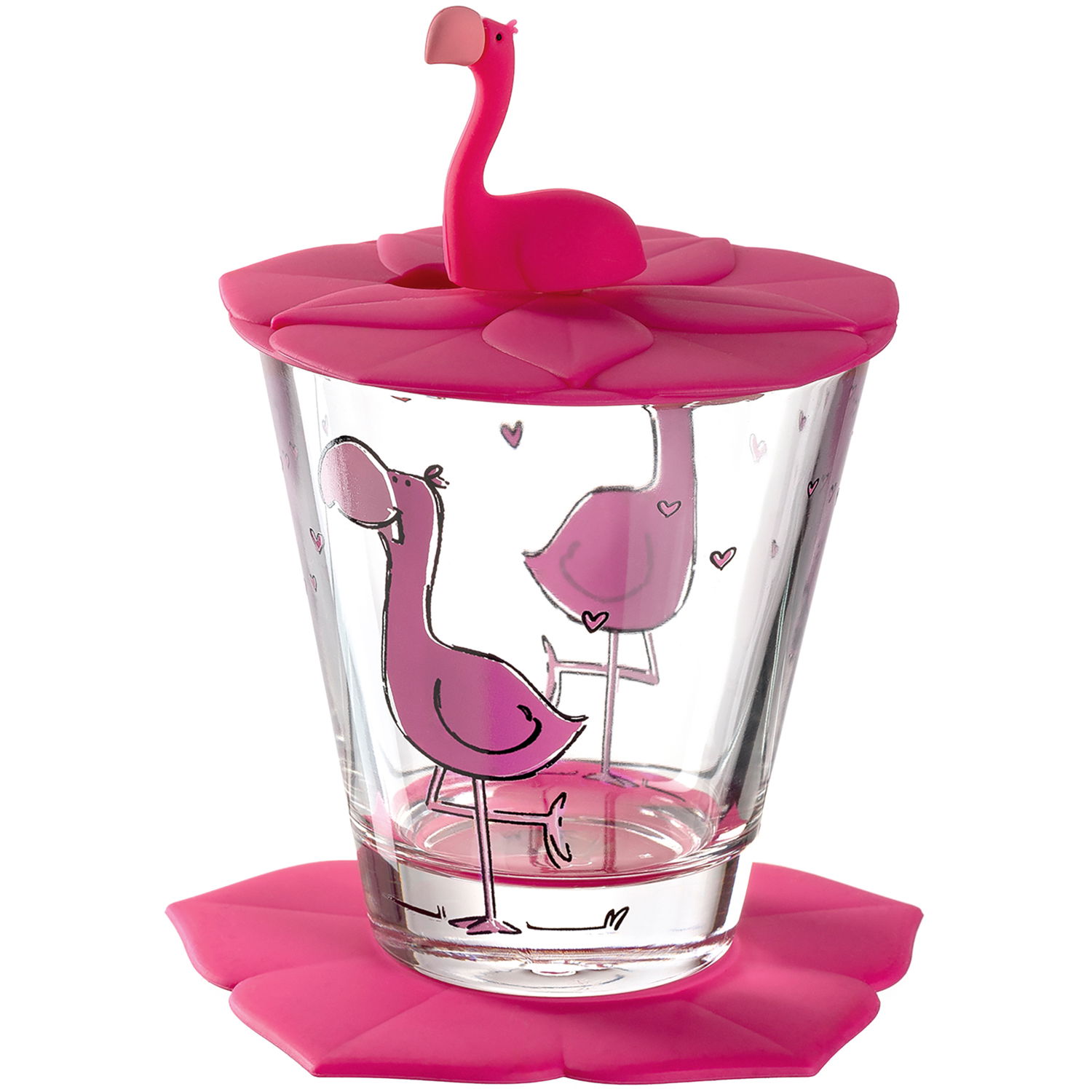 Leonardo Kindertrinkset 3-tlg. Flamingo Kindertrinkset mit Flamingo-Motiv, bestehend aus einem Glas mit pinkem Deckel und Untersetzer, aus der Frontalperspektive.