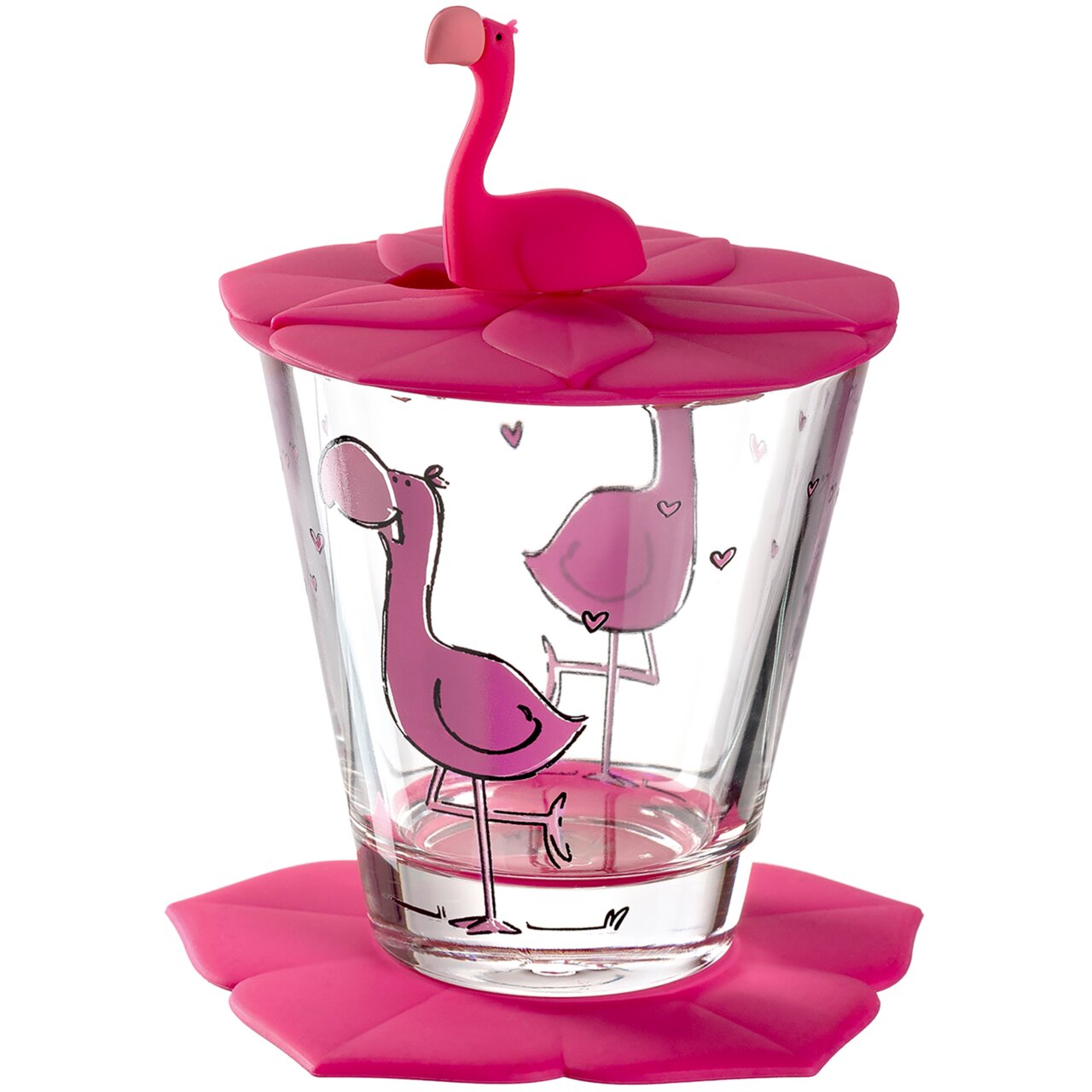 Kindertrinkset mit Flamingo-Motiv, bestehend aus einem Glas mit pinkem Deckel und Untersetzer, aus der Frontalperspektive.