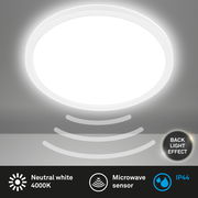 Runde LED-Deckenleuchte mit Bewegungssensor, neutralweißes Licht 4000K, Rücklichteffekt, IP44, Ansicht von unten.