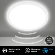 Runde LED-Deckenleuchte mit Bewegungssensor, neutralweißes Licht 4000K, Rücklichteffekt, IP44, Ansicht von unten.