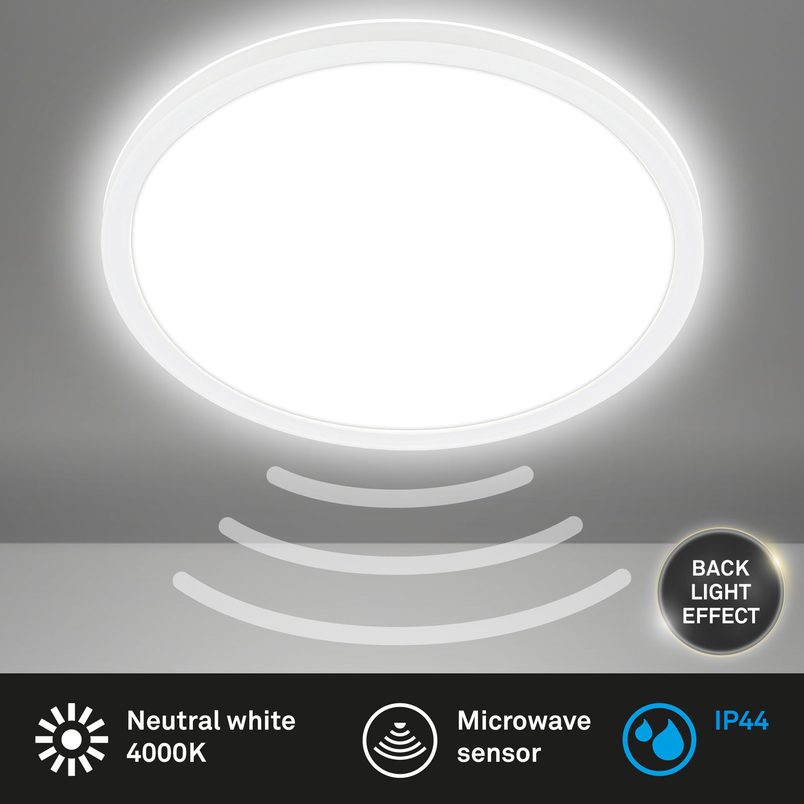 Runde LED-Deckenleuchte mit Bewegungssensor, neutralweißes Licht 4000K, Rücklichteffekt, IP44, Ansicht von unten.