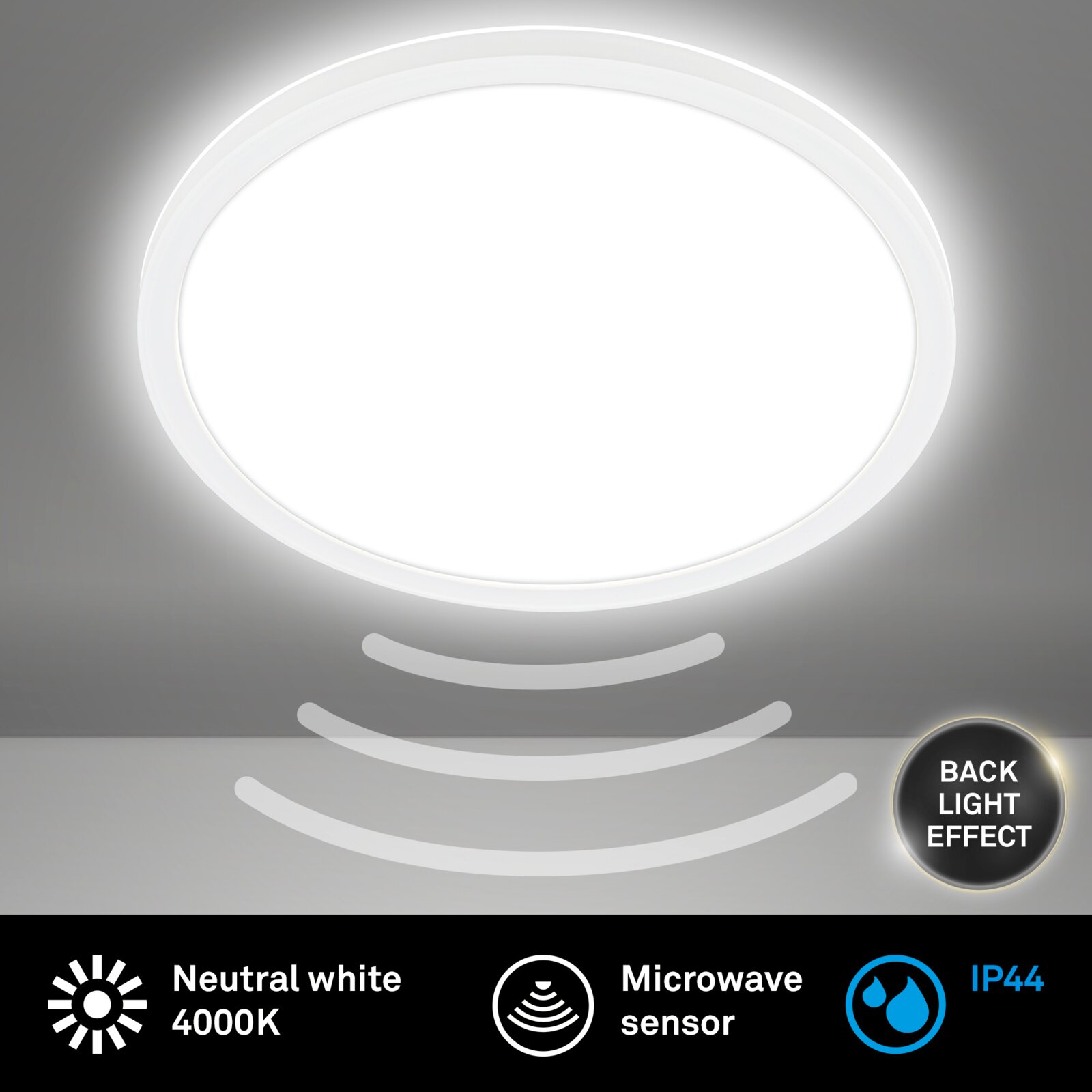 Ronde led-plafondlamp met bewegingssensor, neutraal wit licht 4000 K, achtergrondverlichtingseffect, IP44, aanzicht van onderaf.