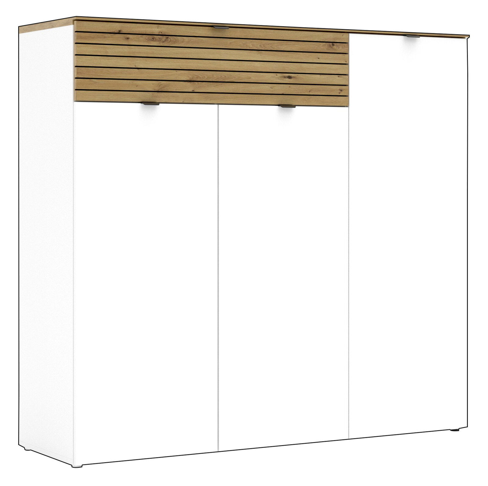 Moderner XXL-Schuhschrank in Weiß mit Holzverkleidung oben, Frontalansicht