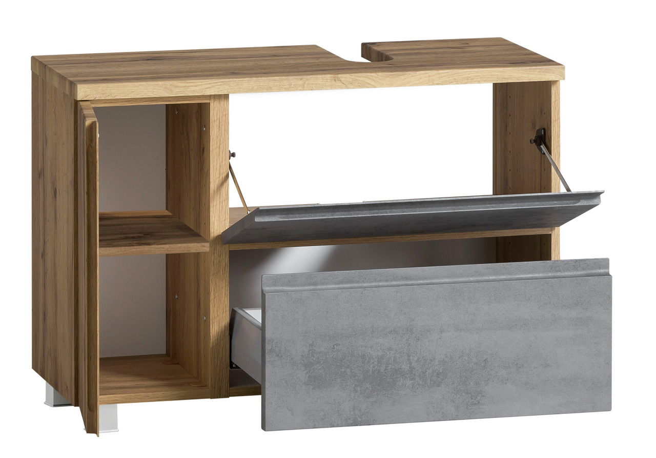 Waschbeckenunterschrank aus Holz mit grauen Schubladen, offene Perspektive von vorne