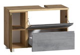 Waschbeckenunterschrank aus Holz mit grauen Schubladen, offene Perspektive von vorne