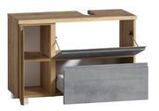 Waschbeckenunterschrank aus Holz mit grauen Schubladen, offene Perspektive von vorne
