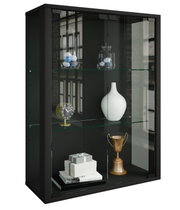 Schwarze Glasvitrine mit zwei Glastüren und Glasböden, bestückt mit Dekoobjekten (Vase, Uhr, Pokal), in frontaler leicht seitlicher Perspektive