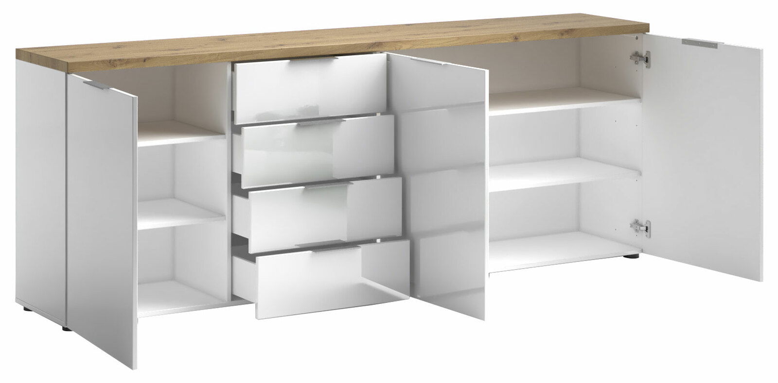 XL-Sideboard mit geöffneten Türen und Schubladen, weiße Fronten und Holzoberfläche, Frontalansicht