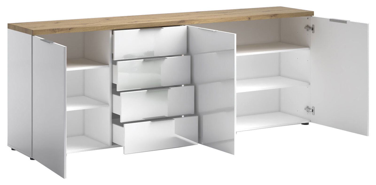 XL-Sideboard mit geöffneten Türen und Schubladen, weiße Fronten und Holzoberfläche, Frontalansicht