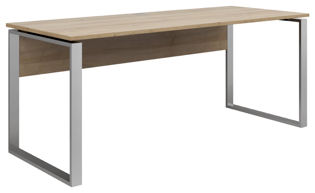 Moderner Schreibtisch mit Holzplatte und Metallrahmen, seitliche Perspektive