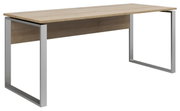 Moderner Schreibtisch mit Holzplatte und Metallrahmen, seitliche Perspektive