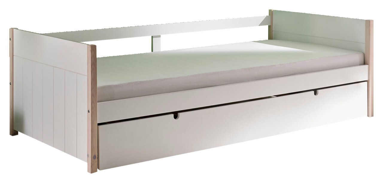 Weißes Jugendbett mit Holzdetails und integriertem Stauraum, seitliche Perspektive