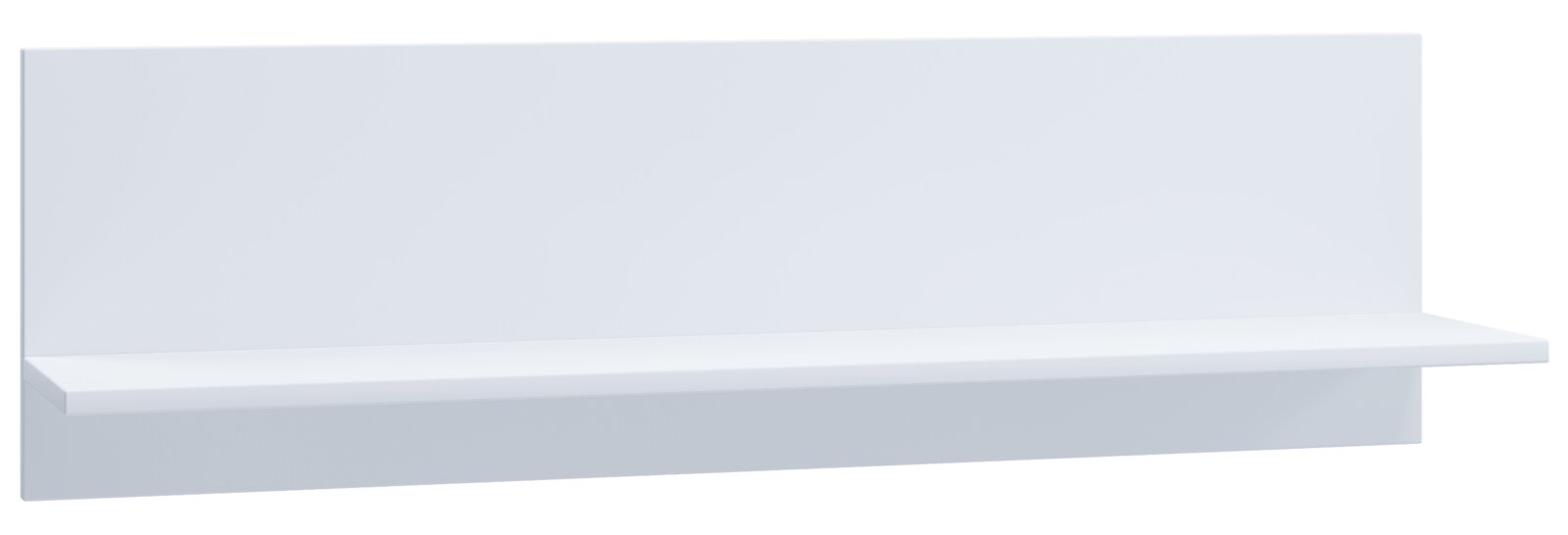 Weißes Wandregal mit Rückwand im minimalistischen Design, freistehend vor hellem Hintergrund, in schräger Frontansicht von rechts