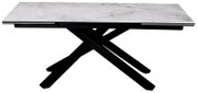 Moderne rechthoekige tafel met wit marmerlook blad en zwart gekruist onderstel, vanuit laag vooraanzicht