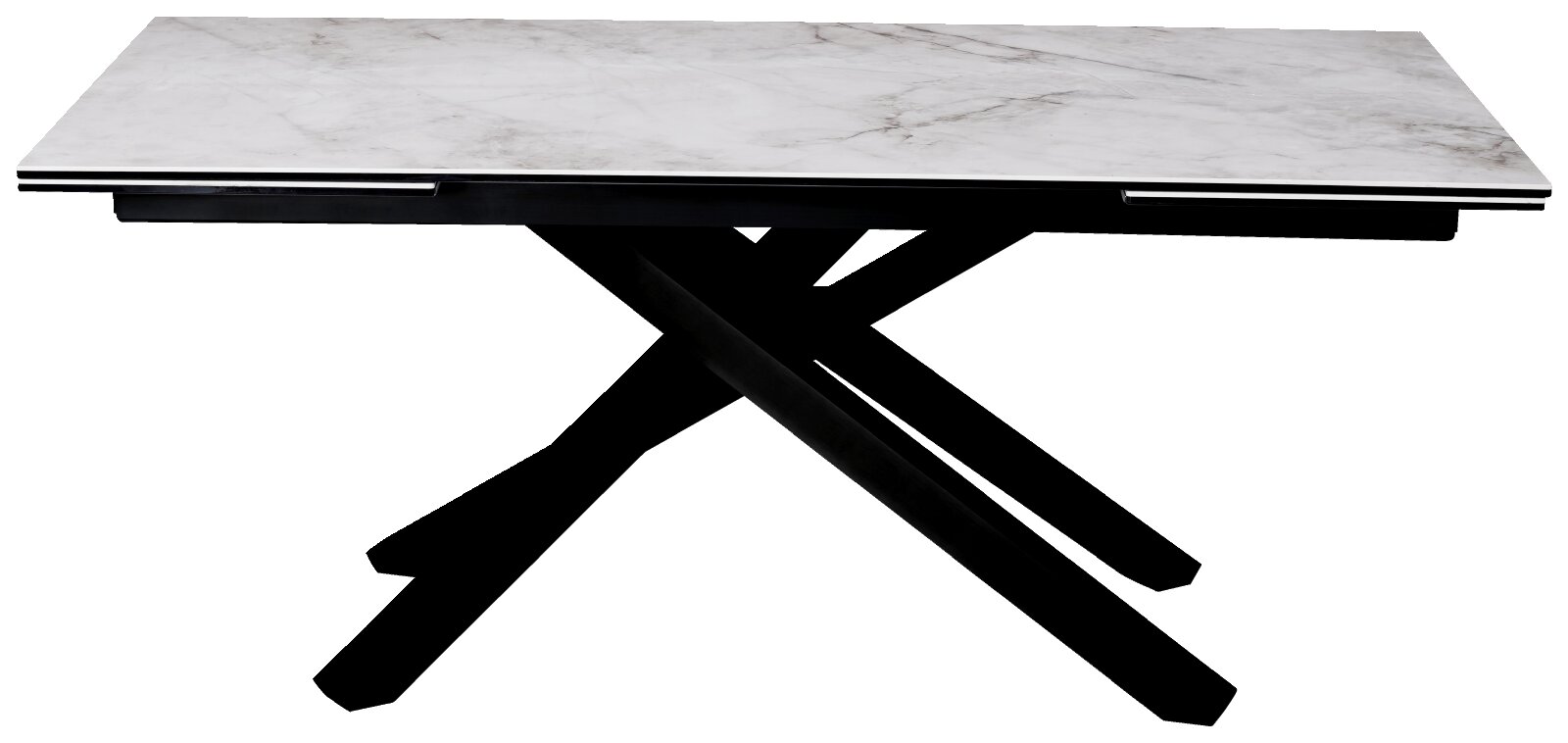 Moderne rechthoekige tafel met wit marmerlook blad en zwart gekruist onderstel, vanuit laag vooraanzicht