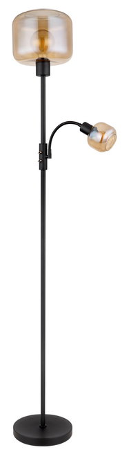 Moderne Stehleuchte mit zwei Leuchtköpfen, einer großen oberen und einer kleineren seitlichen, in schwarzem Metall mit bernsteinfarbenen Glaskuppeln, seitliche Perspektive.